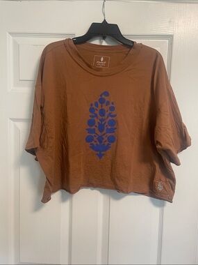 Free People Rust Brown Crop Top with Blue Graphic